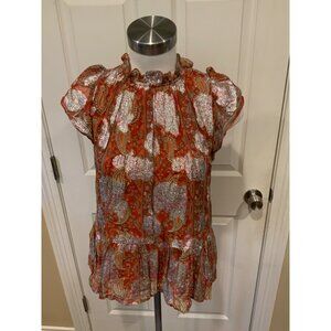 Let Me Be Anthropologie Orange & Silver Floral Lame Sleeveless Top, Size 6 (US)